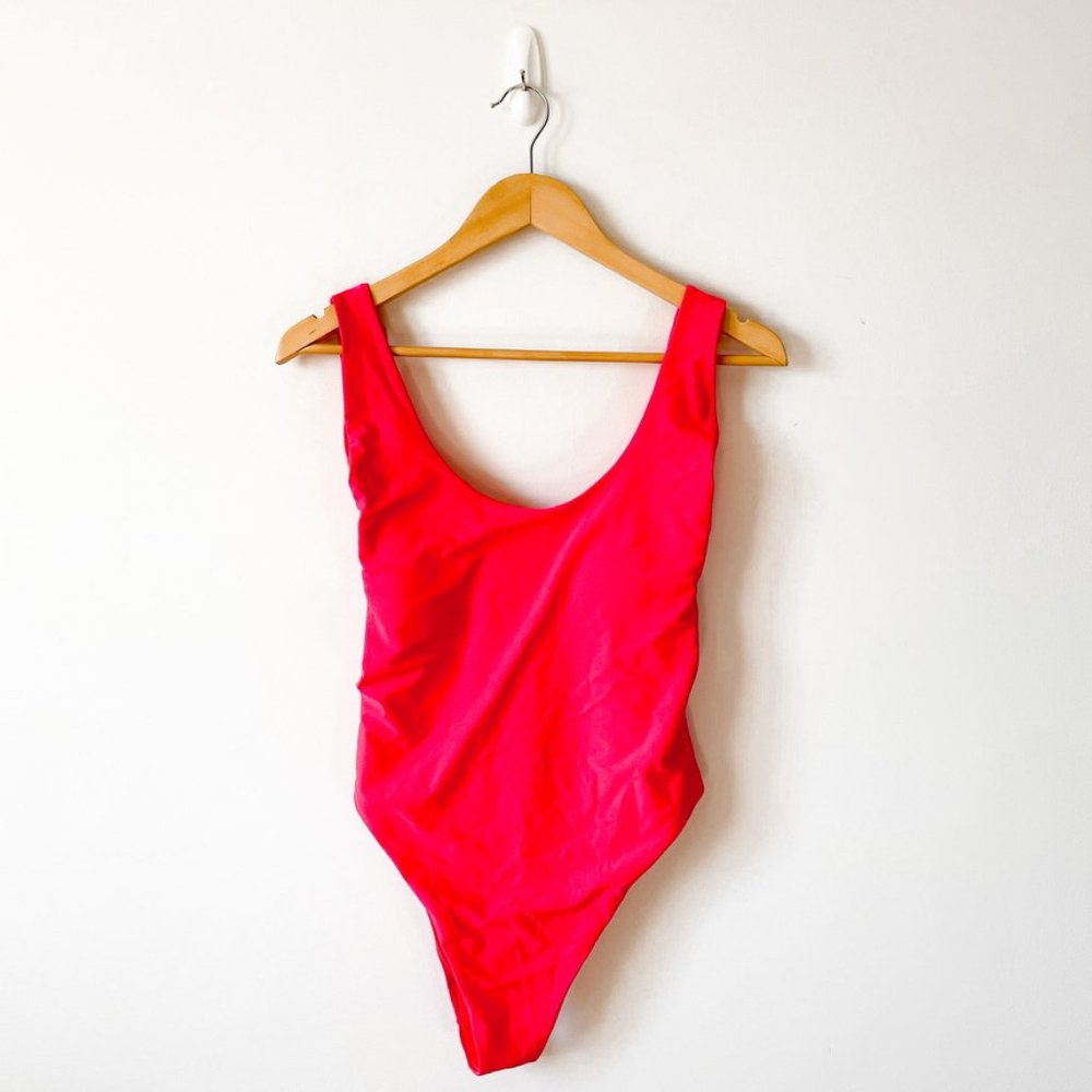 American Eagle Aerie Bright Pink Braid Sides Low Back One Piece Swim Suit Sz L